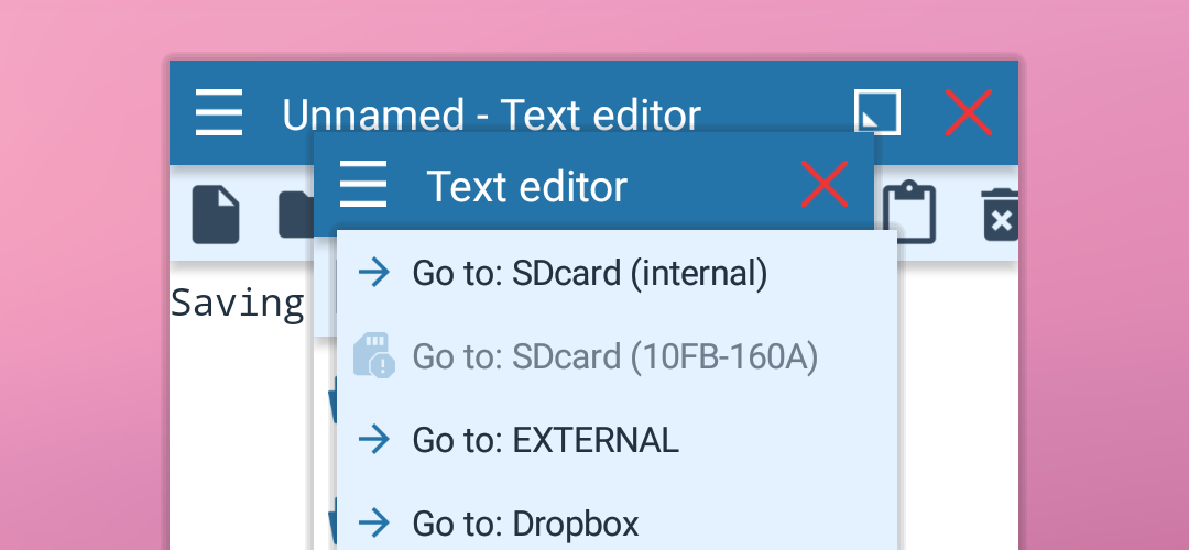 Floating File ManagerHowever, this is not enough! It doesn't grant permission to access the added storage with the standard file access. You must switch to the newly added storage. Open the floating File Manager and tap the cog icon in the panel header. As you can see, there are two options to access the same data. In the red rectangle, it's standard file system access way. In the green rectangle, there is our newly added storage. There is a difference between them - for the standard file access way, a red icon signalizing that the storage is read-only is shown. 