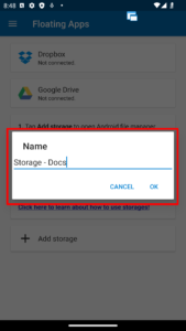 In Floating Apps, you can name the storage as you want. I always prefer to add a common prefix for my manually added storage. 